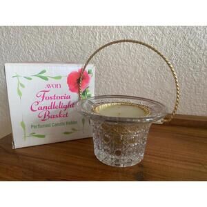 70s Avon Fostoria Candlelight Basket Cut Glass W/ Candle ROSES Original Box